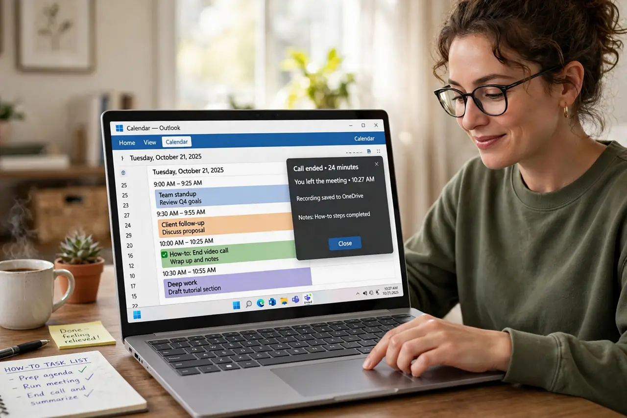 a person ending a video call on a real laptop showing a calendar with 25-minute blocks and legible entries, the person's face relieved, home office.