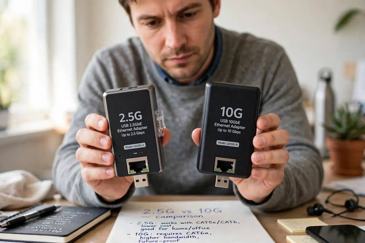 a person holding two real network adapters side by side, one labeled 2.5G and one labeled 10G, real products with legible labels, the person's face weighing ...