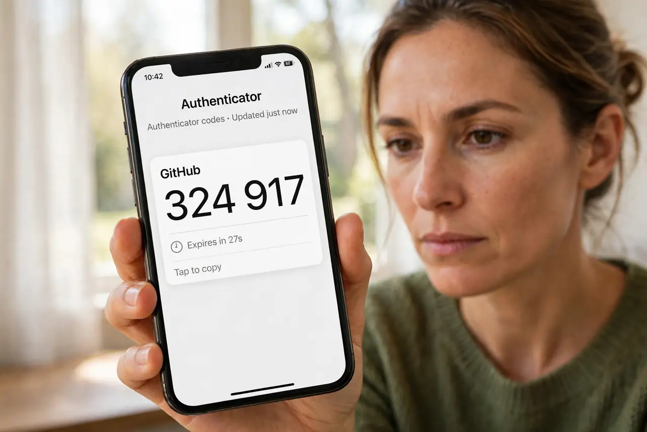 Authenticator App vs SMS Codes — a focused adult holding a real phone showing an authenticator app.