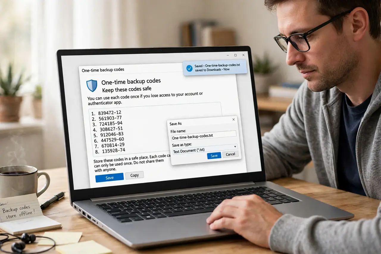 A person performing the first step: Save the codes the moment they appear. The site shows them once. Screenshot, copy, or print immediately — navigating.
