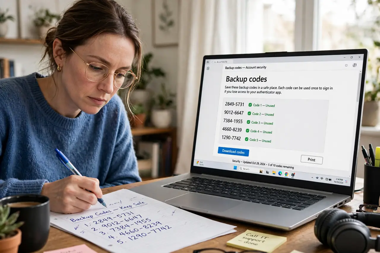 A careful adult writing backup codes on paper at a real desk with a real laptop showing backup codes fully legible nearby, the person's face focused, home office.