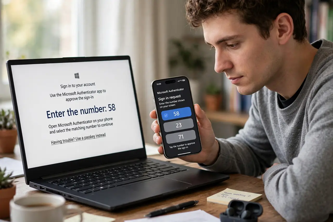 A person performing the first step: Understand what changes. The push notification shows two or three numbers instead of Approve/Deny. You tap the one.