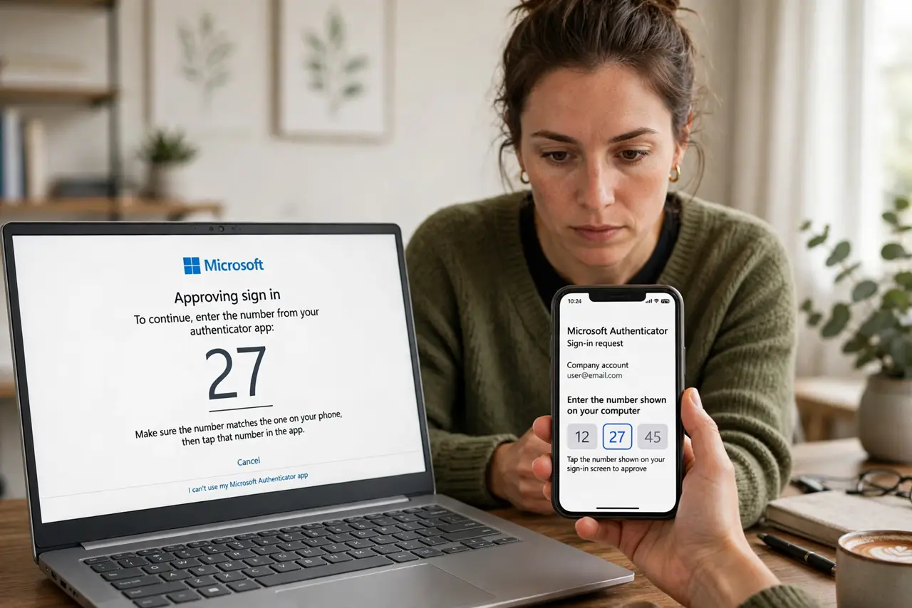 A person logging in on a real laptop showing a two-digit number fully legible, holding a real phone showing number choices in the authenticator app, the person's face focused, home office.