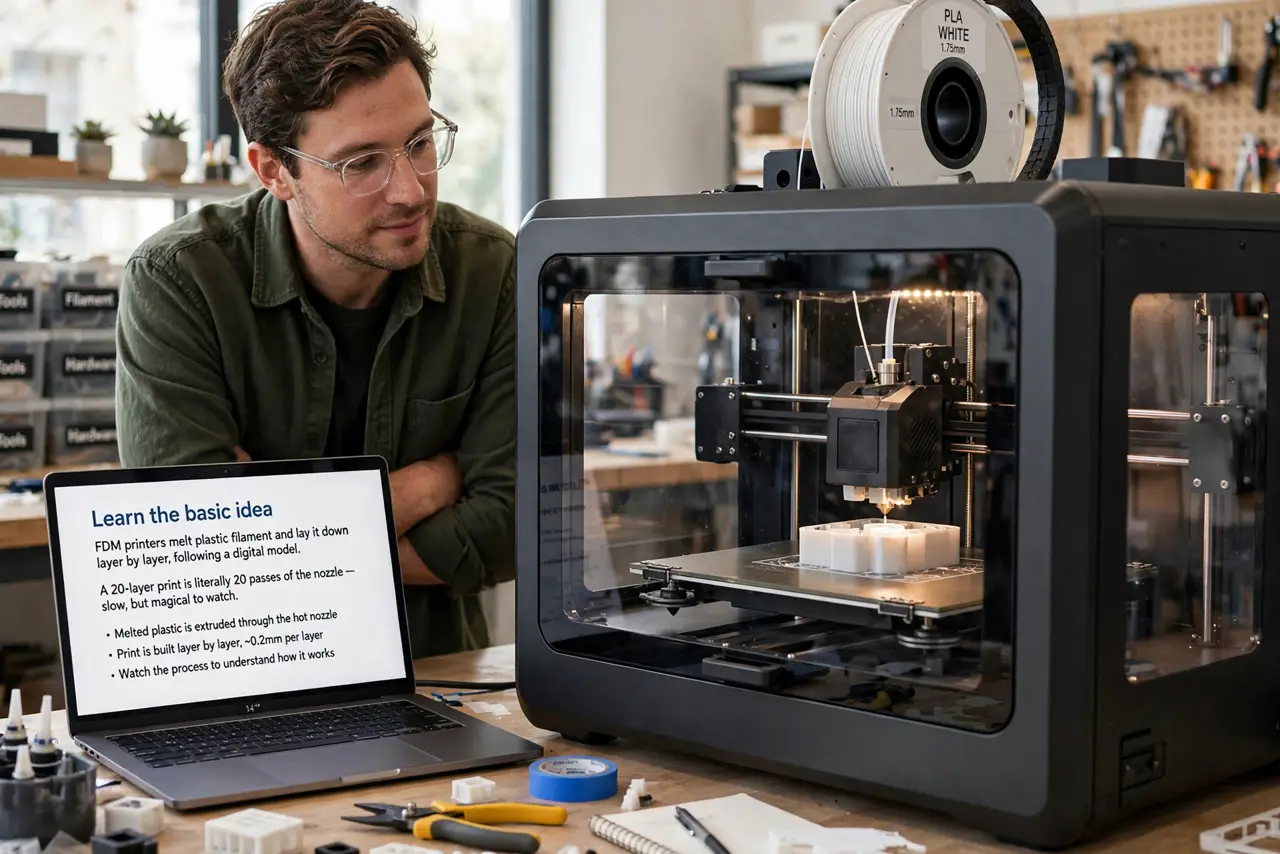 A person performing the first step of the guide: Learn the basic idea. FDM printers melt plastic filament and lay it down layer by layer, following a digital.