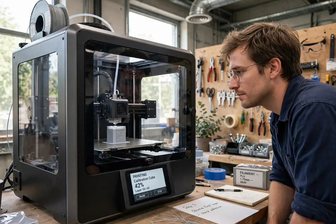 A person watching a real 3D printer building a small legible object layer by layer, the person's face fascinated, well-ventilated workshop. No black.