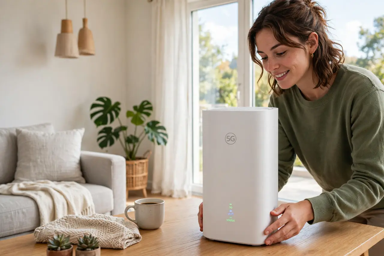 a person placing a real 5G home gateway near a bright window, the gateway's signal lights legible, the person's face hopeful, bright living room. No black screen, no blank white sc.
