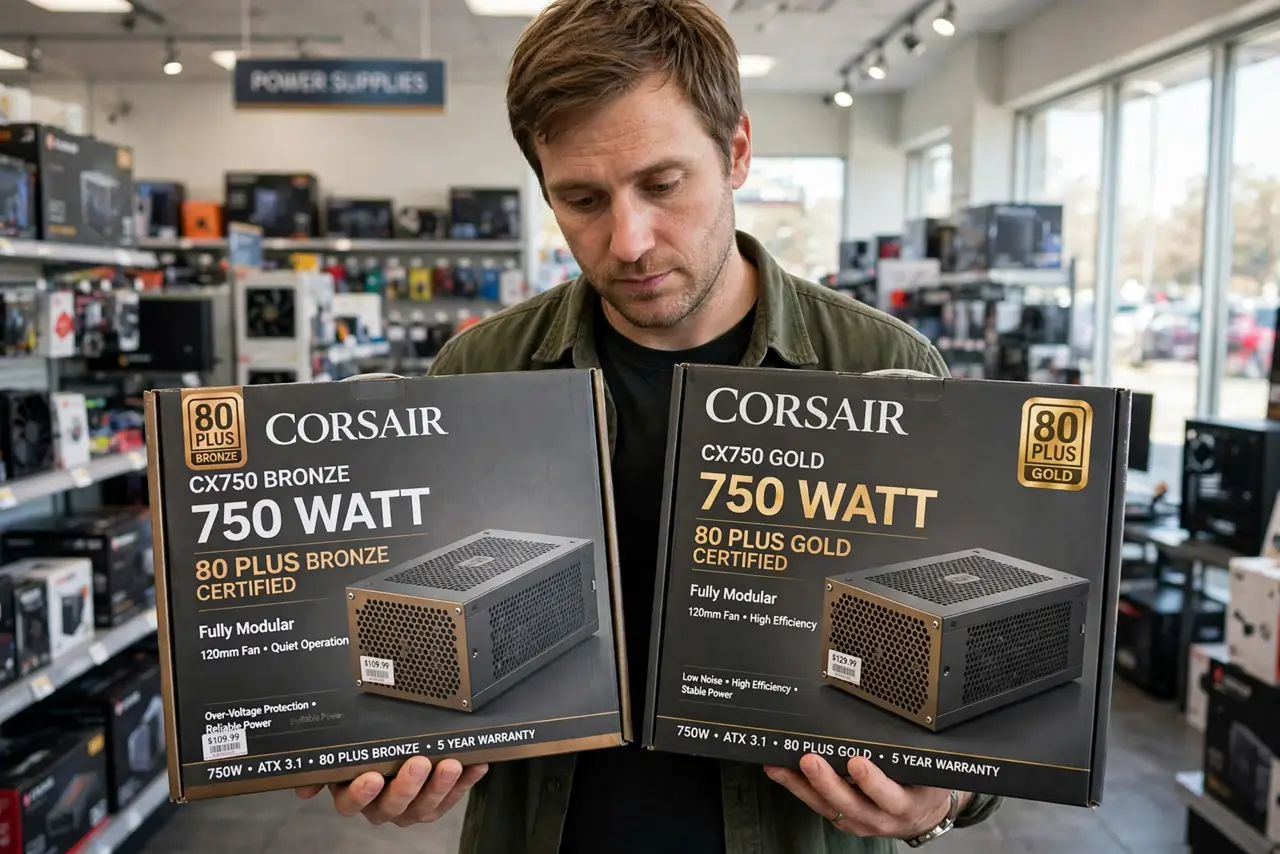 a person comparing two real power supply boxes showing 80 Plus Bronze and Gold badges side by side, the person's face discerning, bright store aisle. No black screen, no blank whit.