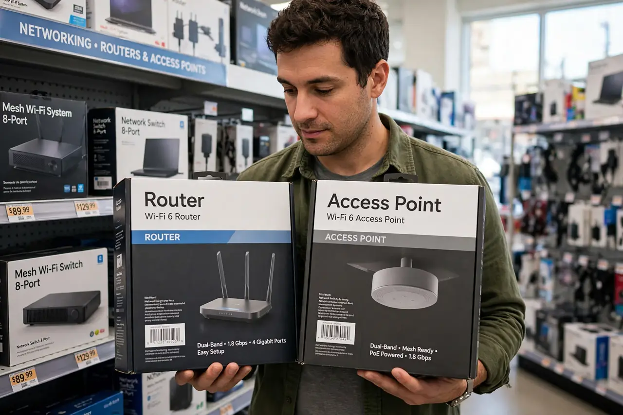 a person holding two real networking boxes side by side, one labeled router and one labeled access point, both real products on a store shelf, the person's f...