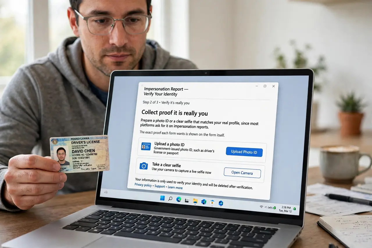 A person performing step 1 of the guide: Collect proof it is really you. Prepare a photo ID or a clear selfie that matches your real profile, since most platforms ask for it on...