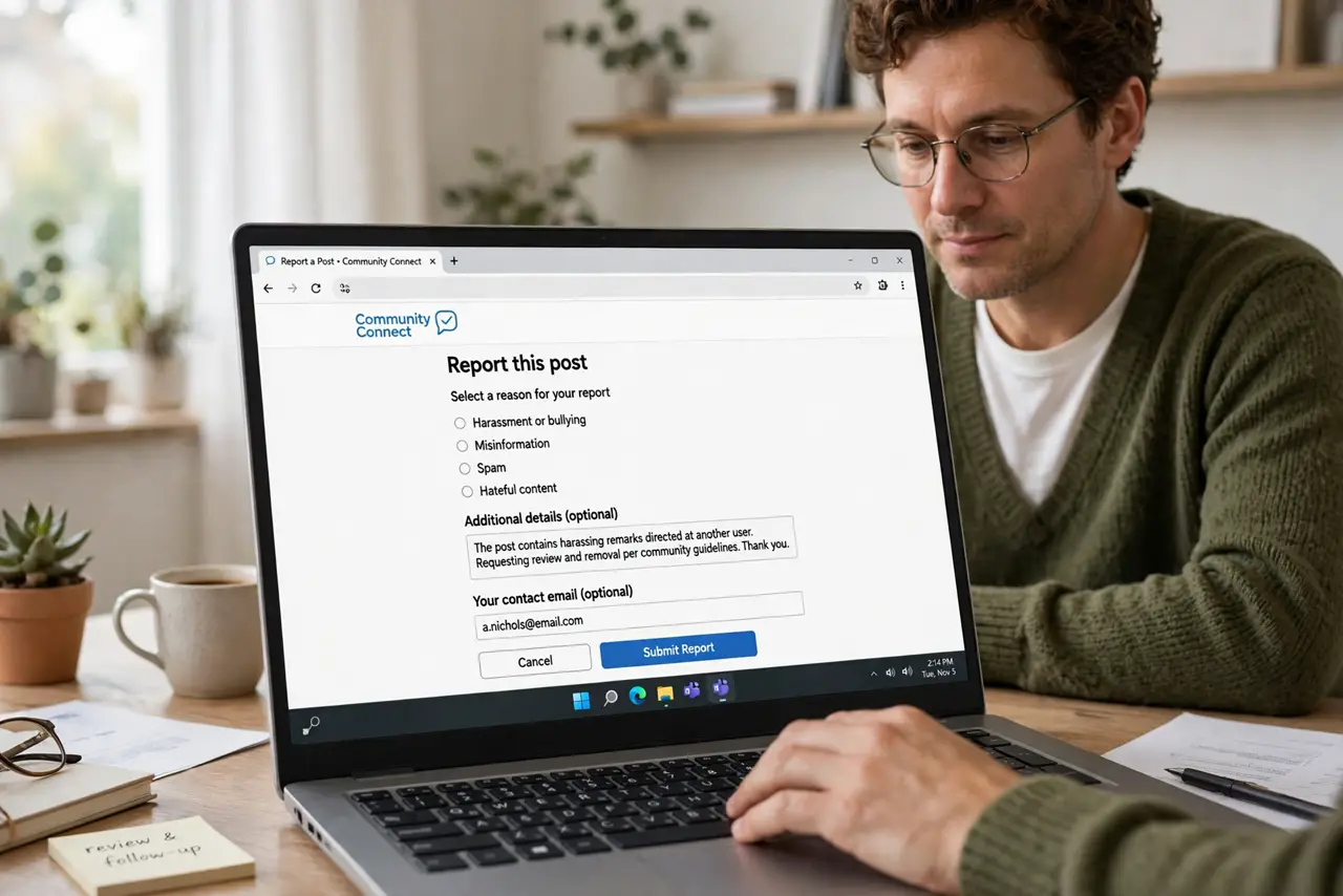 a calm adult at a desk with a real laptop, the screen showing a normal report form on a social site with legible text, the person filling it out calmly