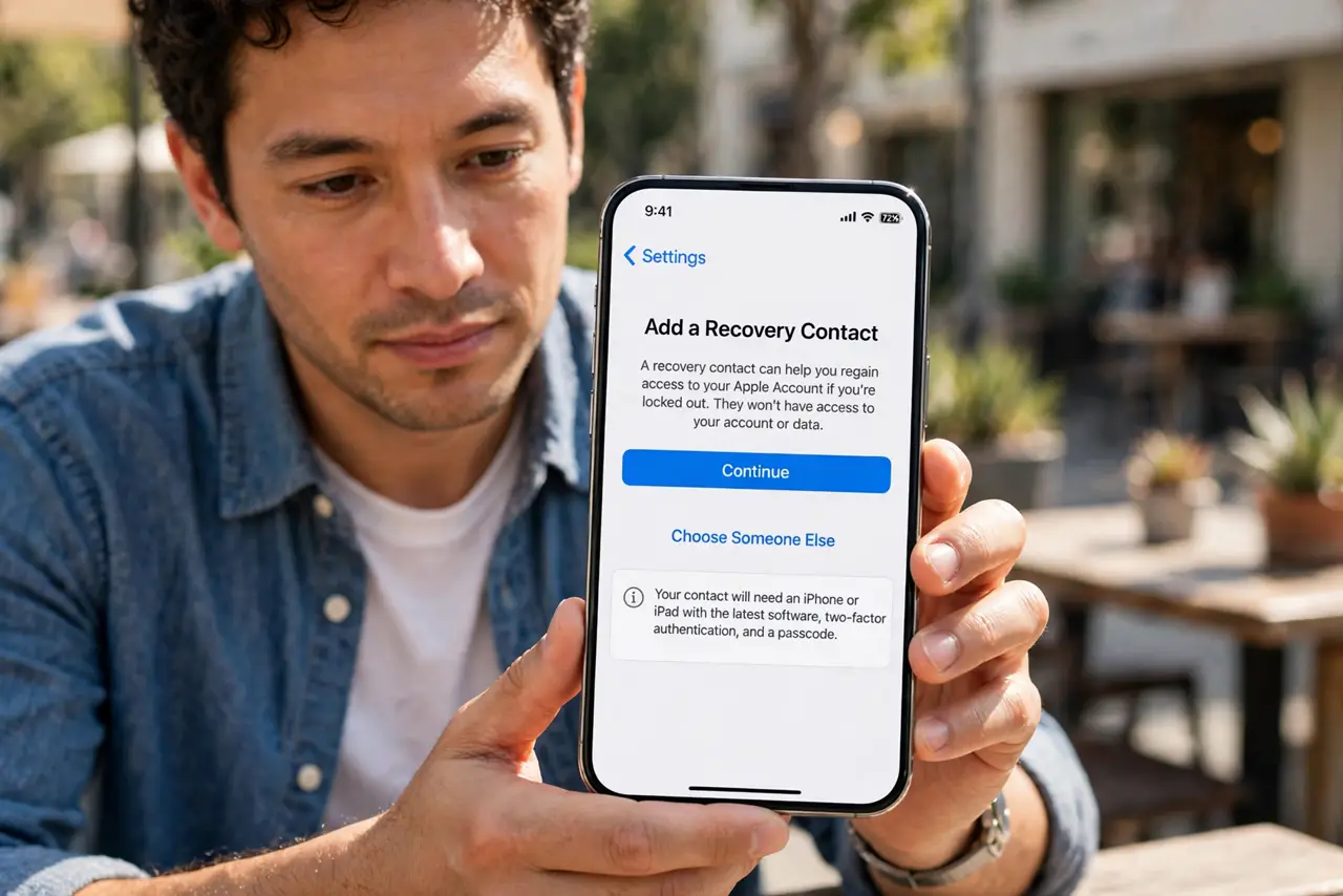 A person calmly performing the guide's first step: Add a recovery contact.