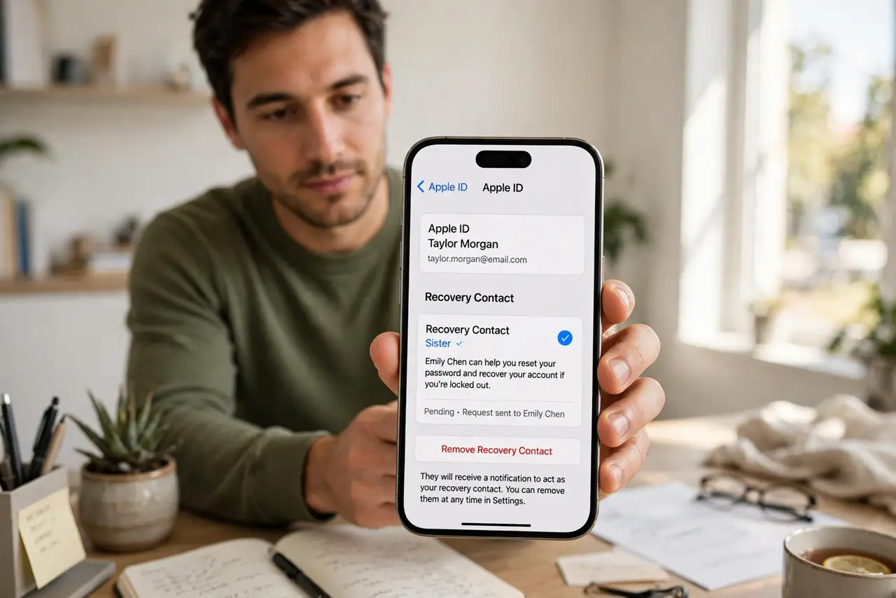 a person setting up a recovery contact on a real iPhone, the trusted contact's name visible on screen, the person's face calm and prepared, bright home office. No black screen, no .