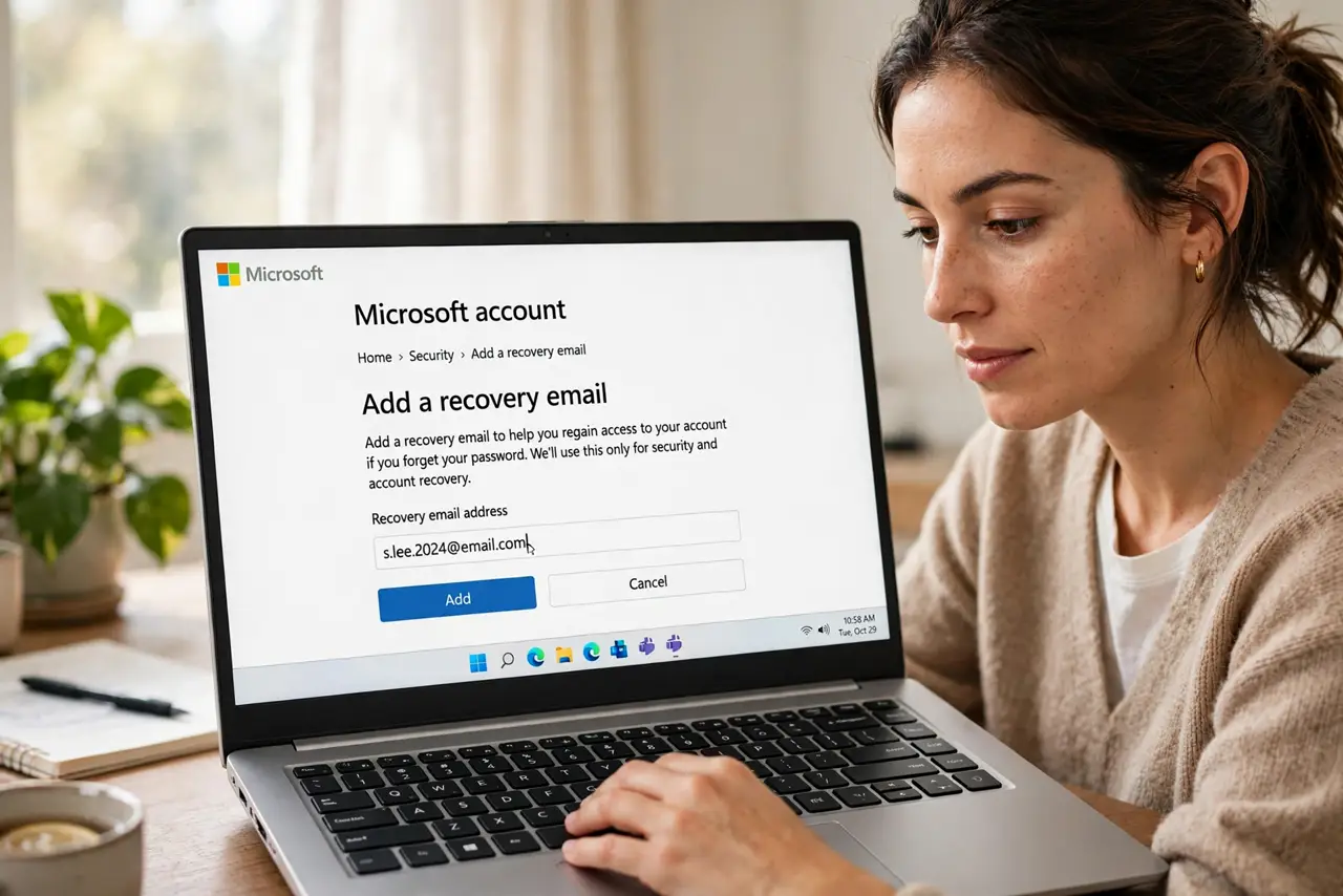 A person calmly performing the guide's first step: Add a recovery email.