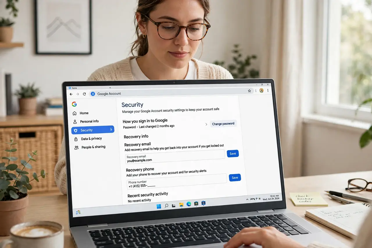 a person adding a recovery email and phone on a real laptop showing Google account security settings, the person's face calm and prepared, bright home office. No black screen, no b.