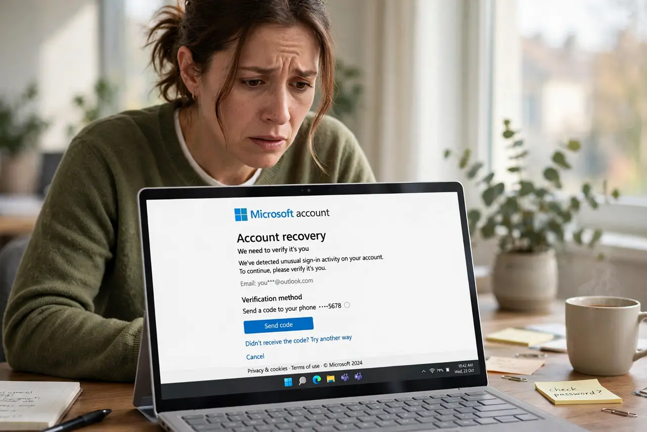 No Recovery Email — a worried adult at a desk looking at a real laptop showing an account recovery form asking for verification, t