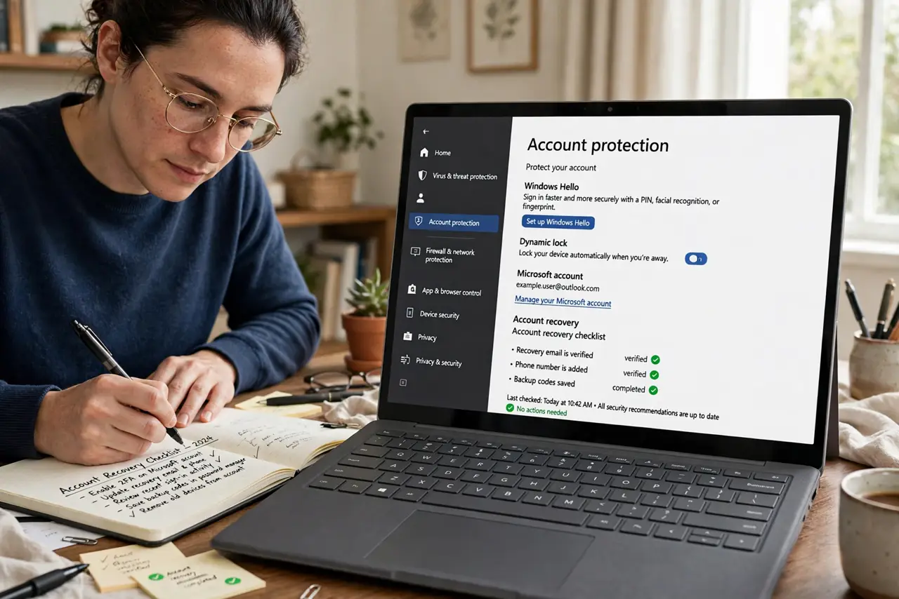 a person writing a real account recovery checklist in a notebook beside a laptop showing security settings with legible text, the person's face calm and orga...