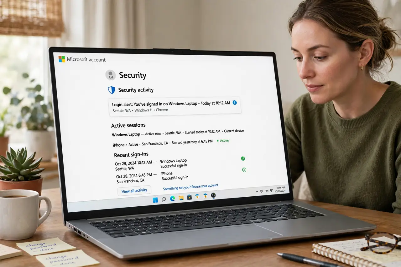 Photoreal photo of a person performing the first step: Check your login alerts and active sessions. Open the account's security page and review rec...