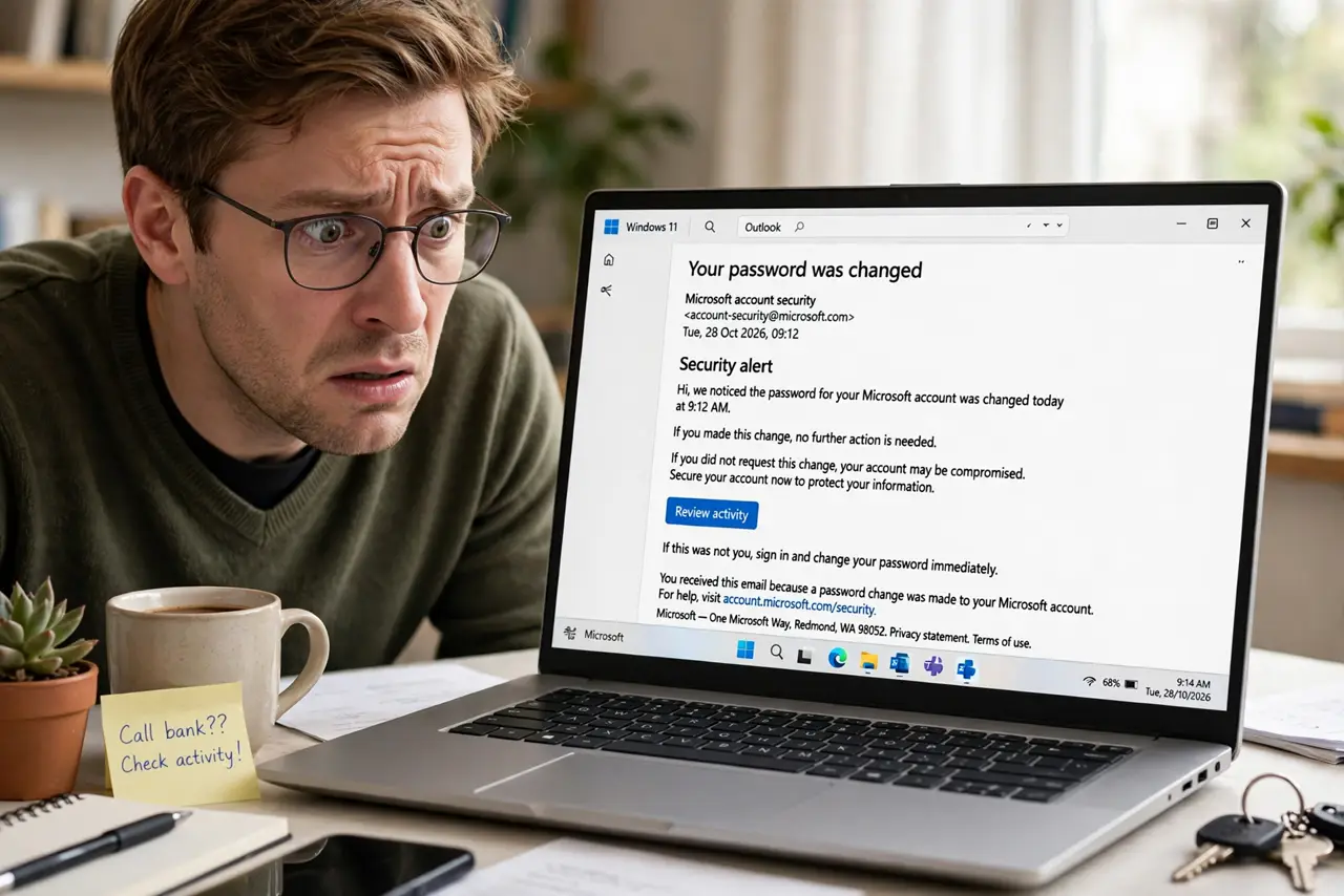 Photoreal photo: a person looking alarmed at a real laptop showing an email about a password change, the person's face worried and alert, home desk. No black screen, no blank white screen, no fake or garbled screen...