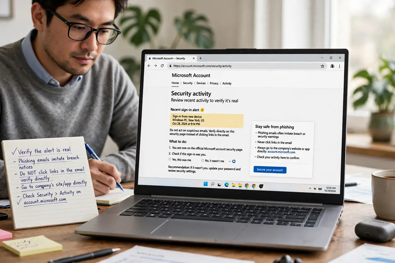 A person performing the guide's first step: Verify the alert is real. Phishing emails imitate breach notices. Do not click links in the email — go to the company's site or app…