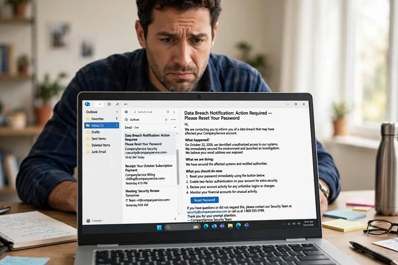 A person at a real laptop showing an email inbox with a legible breach notification email open, the person's face concerned but taking action, home office.