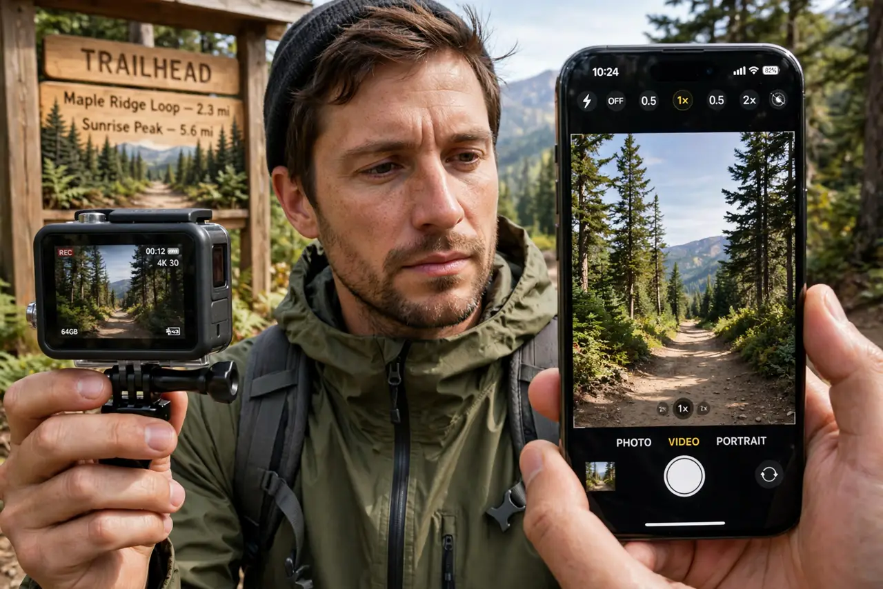 a person holding a real action camera in one hand and a real phone in the other at a trailhead, both showing legible camera screens, the person's face deciding, outdoors.