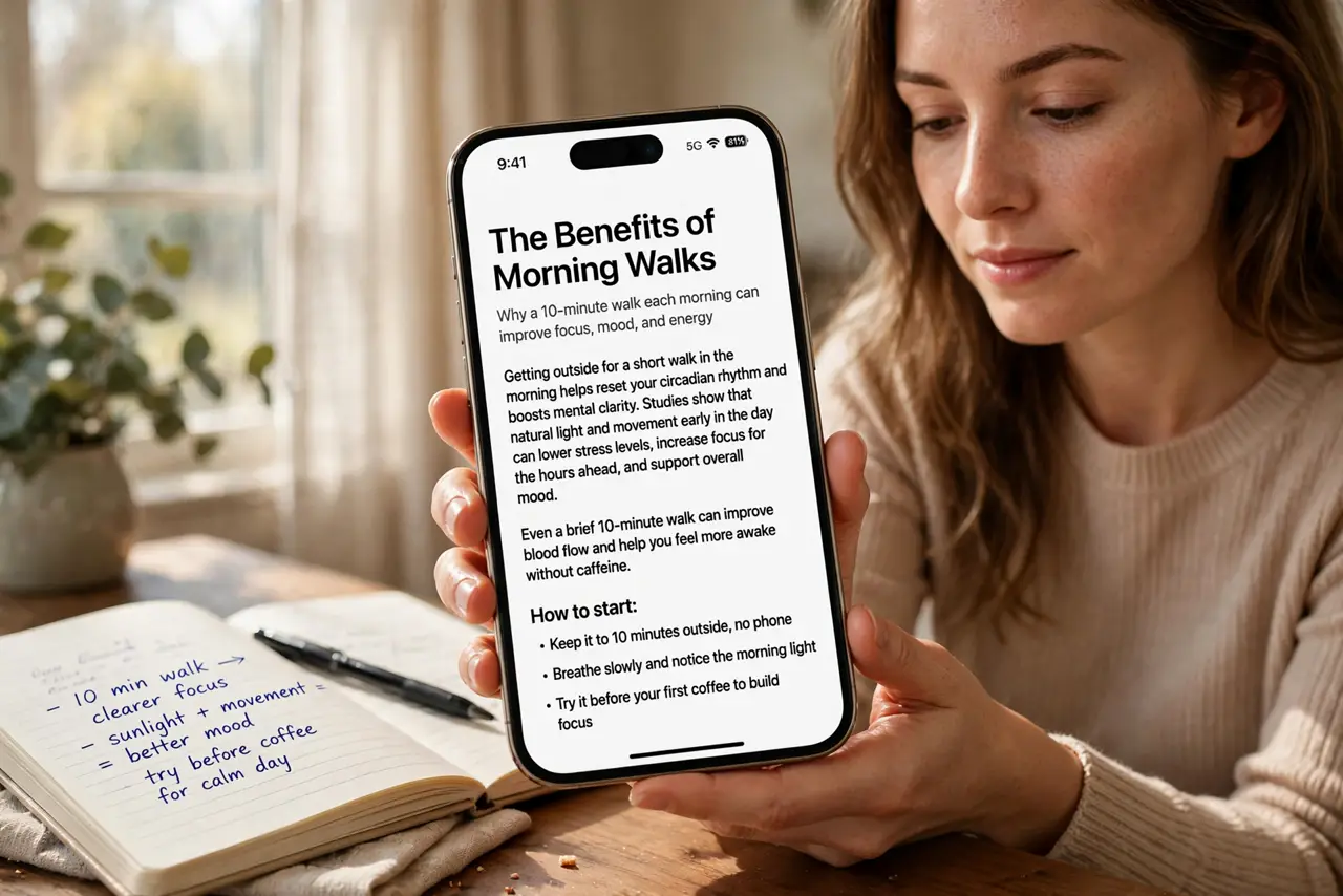 a person reading a real phone with an article open and legible text, a notebook beside them, the person's face absorbed and calm, morning light. No black screen, no blank white scr.