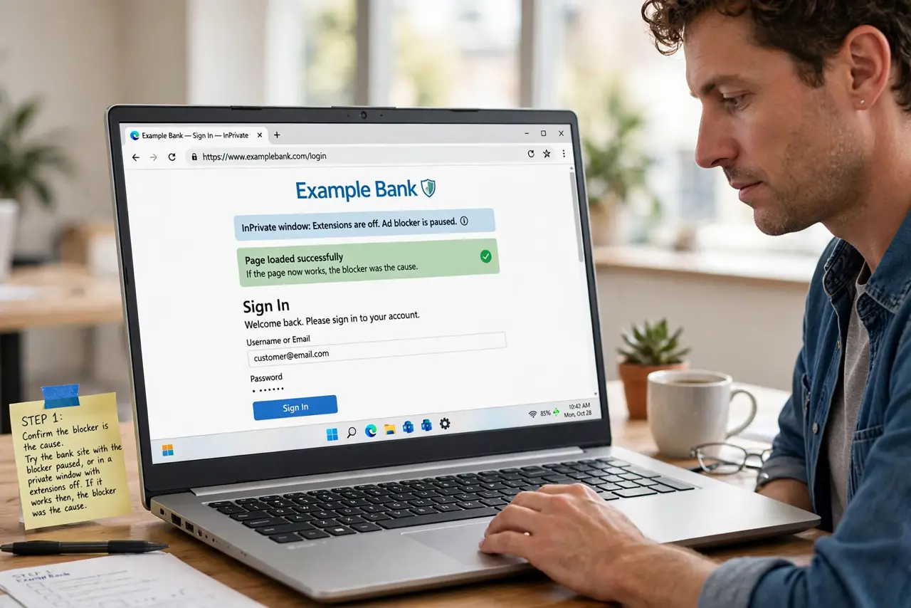 Ad Blocker Blocks a Bank Site? Allow It Safely — step 1 being performed on the device.