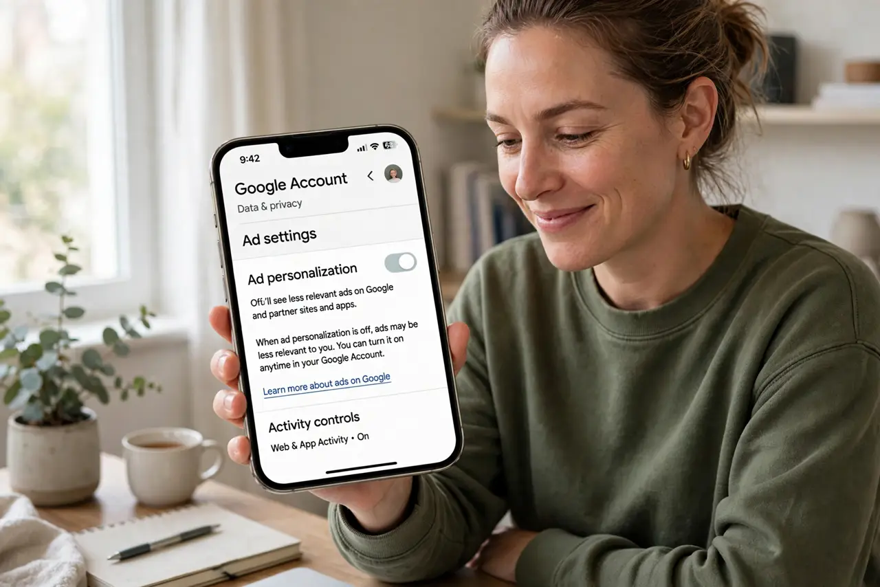a person turning off ad personalization in real Google account settings on a phone, the toggle legible, the person's face relieved, home office. No black screen, no blank white scr.
