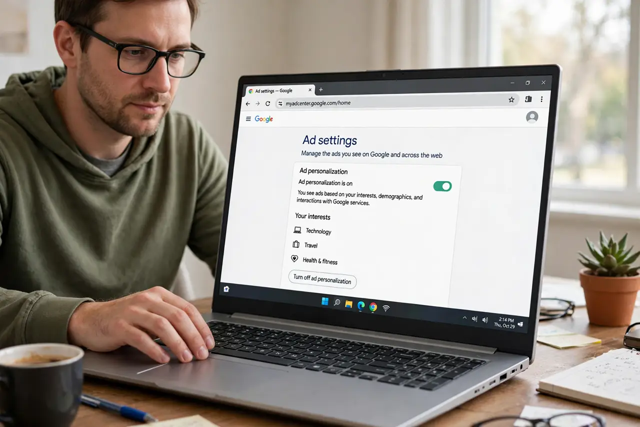 Step 1 in action for Opt Out of Ad Personalization: Open Google's ad settings.