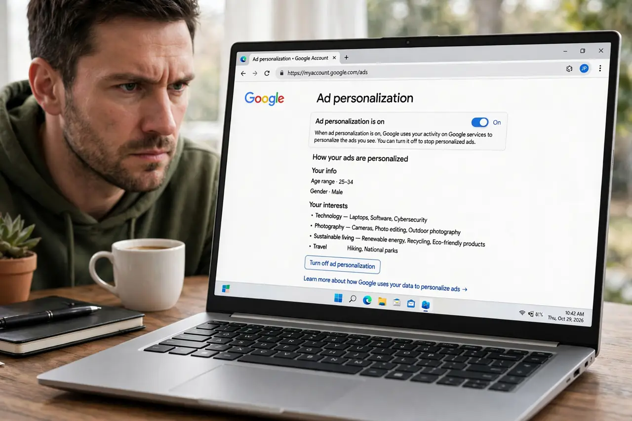 Opt Out of Ad Personalization — a privacy-focused adult looking at a real laptop showing Google ad personalization settings, the settings full
