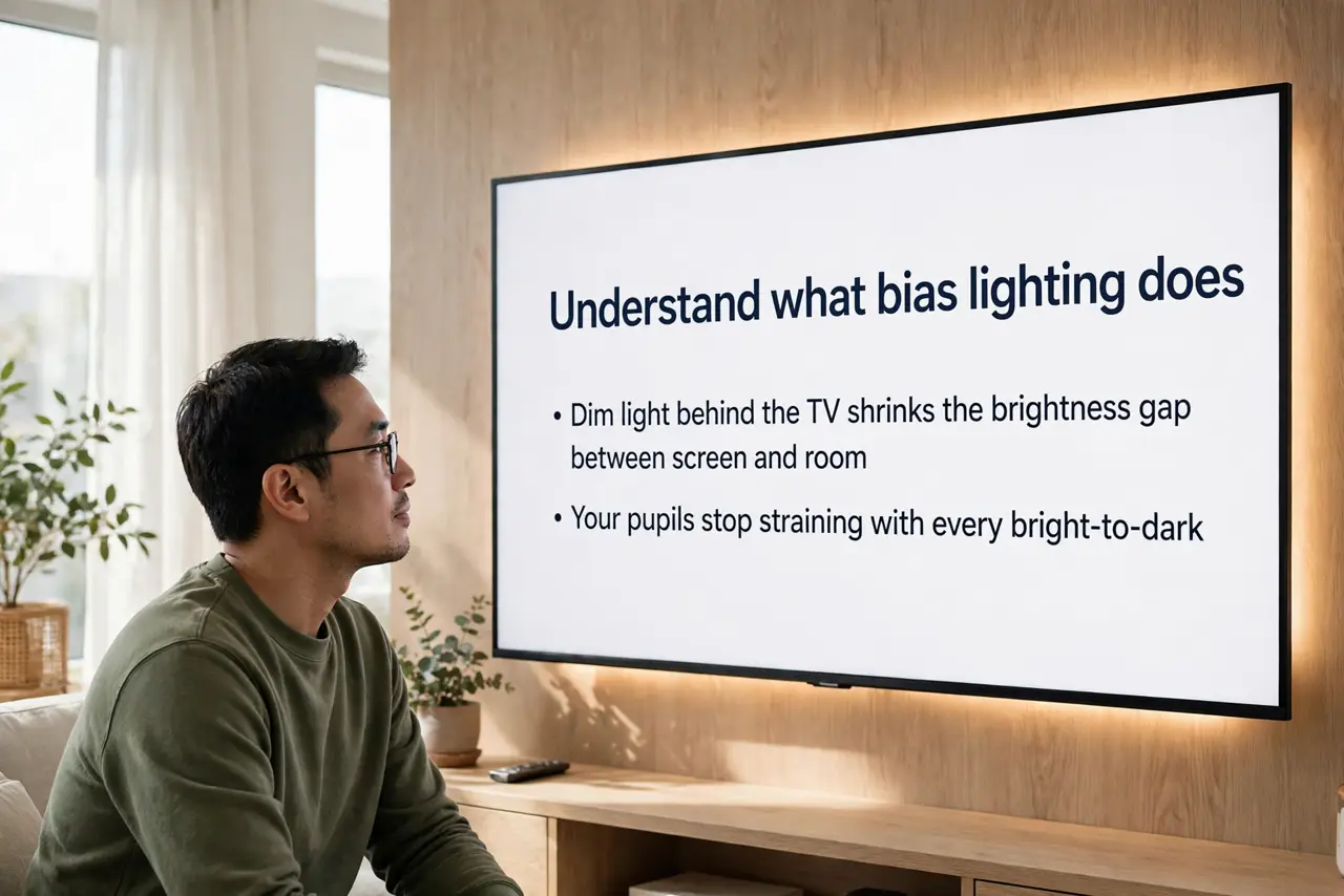 A person performing step 1: Understand what bias lighting does. A dim light behind the TV shrinks the brightness gap between screen and ro.
