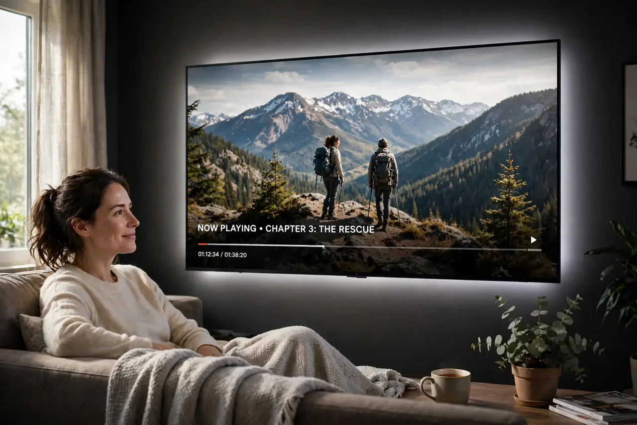 A person relaxing on a couch watching a real TV in a dark living room, a soft neutral white glow visible on the wall behind the TV, the.