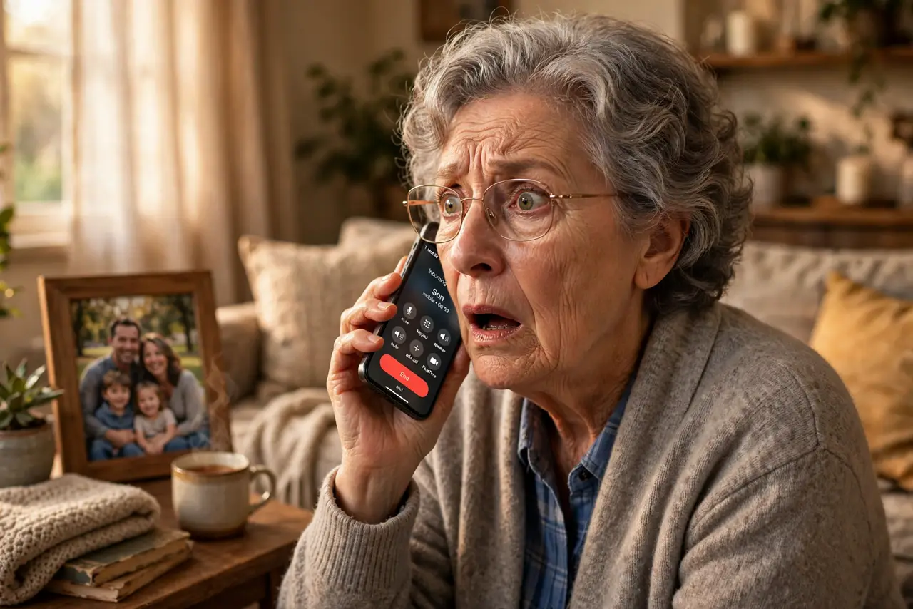 A shocked older adult holding a real phone to their ear with a worried expression, a family photo visible on the side table, warm living room light.
