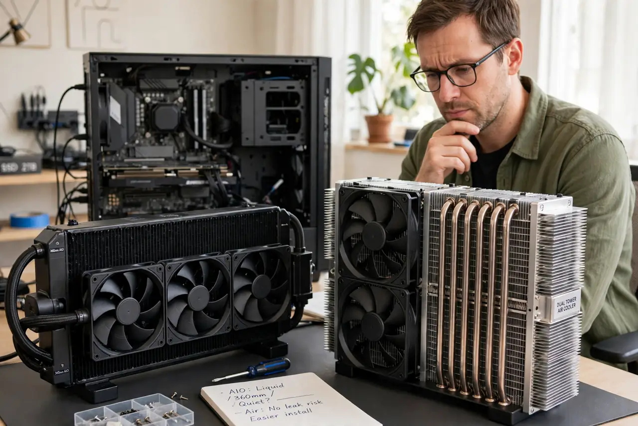 a person comparing a real AIO liquid cooler with radiator and a real tower air cooler side by side on a desk, a PC case open behind, the person's face weighing the choice, bright w.