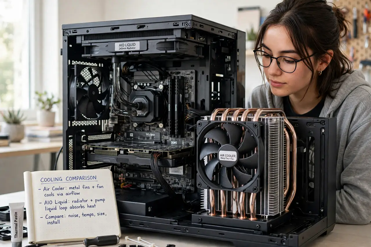 A person performing the first step: Learn how each one works. Air coolers move heat through metal fins and a fan. AIOs.