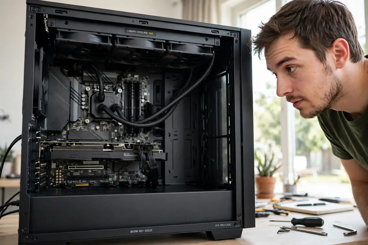A person looking inside an open desktop PC case showing a liquid cooling radiator with fans mounted at the top, the