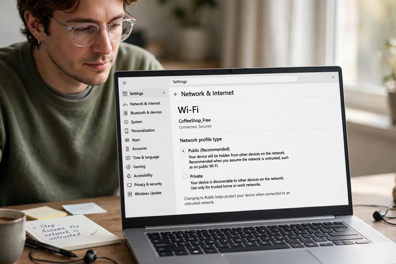 A person calmly performing the guide's first step: Assume the network is untrusted.
