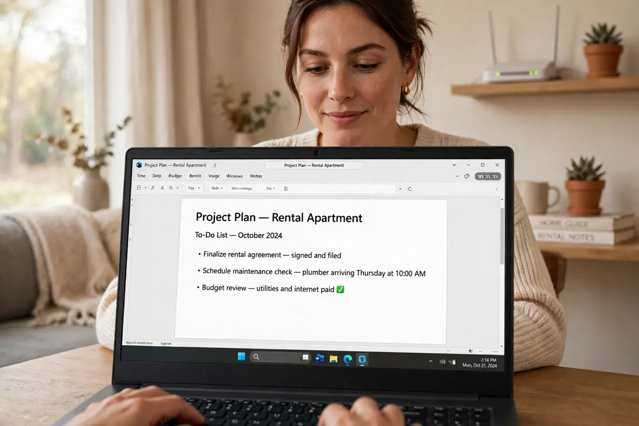 a person working on a real laptop in a cozy rental living room, a small router visible on a shelf, the person's face relaxed, warm interior. No black screen, no blank white screen,.