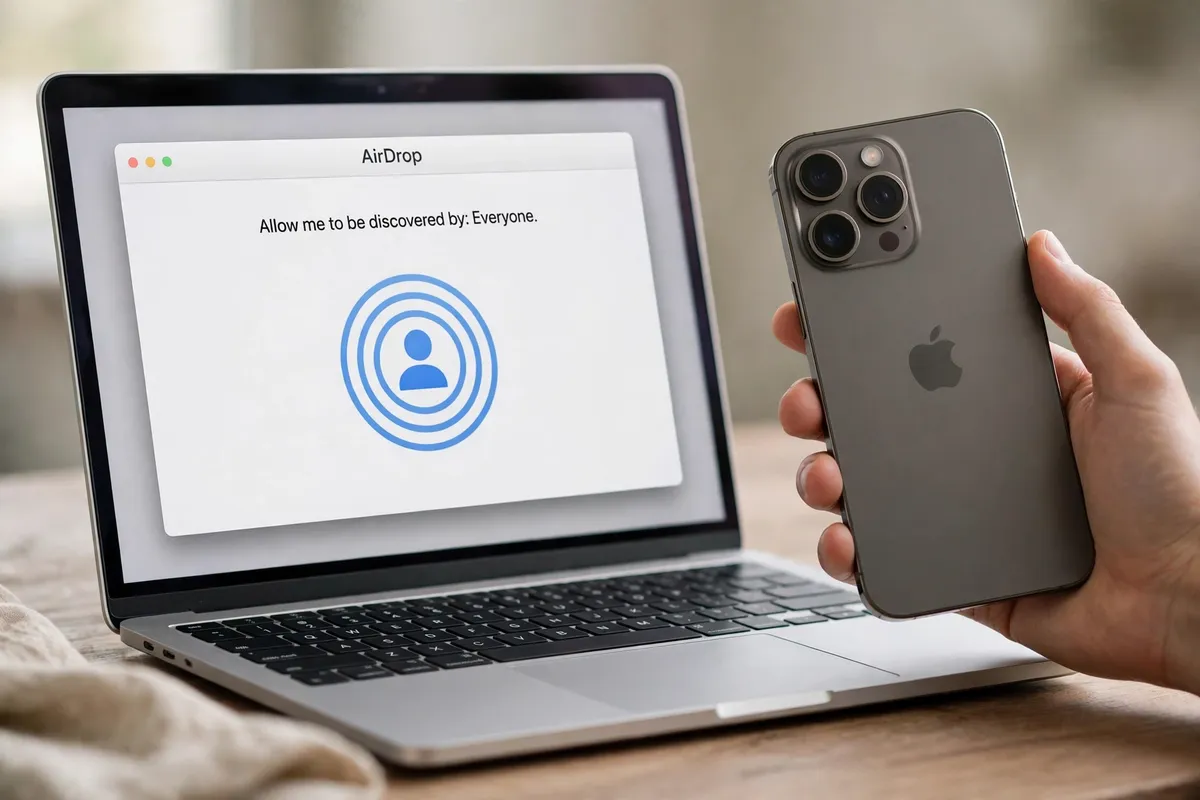 A hand holding an iPhone showing its back beside an open MacBook on a desk, the Mac screen showing the macOS AirDrop window.