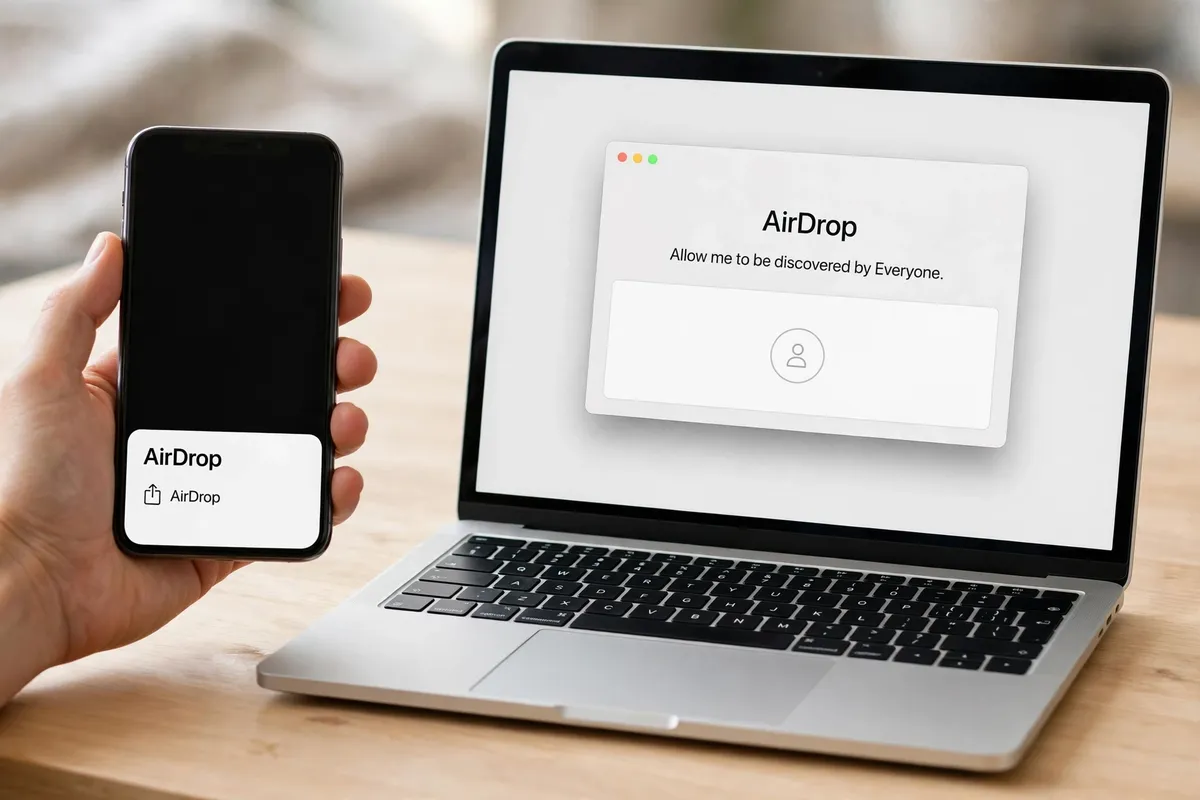 A hand holding an iPhone showing an AirDrop share option close to an open MacBook on a wooden desk, the Mac screen showing the macOS AirDrop window.