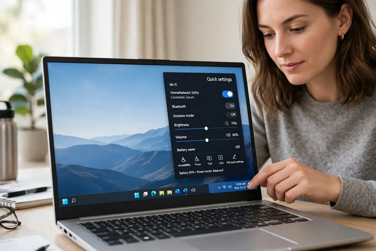 A focused woman clicks the network icon in the Windows taskbar to open Quick Settings.