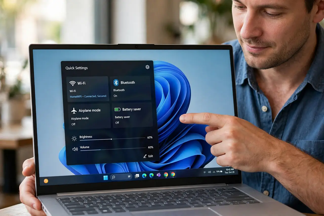A calm man opens the Quick Settings panel on a Windows laptop, reaching for the Airplane Mode tile.