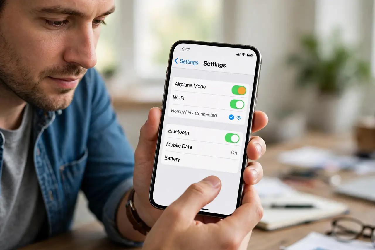 A person performing step 1 of the guide: Cycle the connection cleanly. Turn airplane mode on, wait ten seconds, turn it off, and make sure Wi-Fi stays enabled. This clears a half-joined state that a simple toggle sometime...