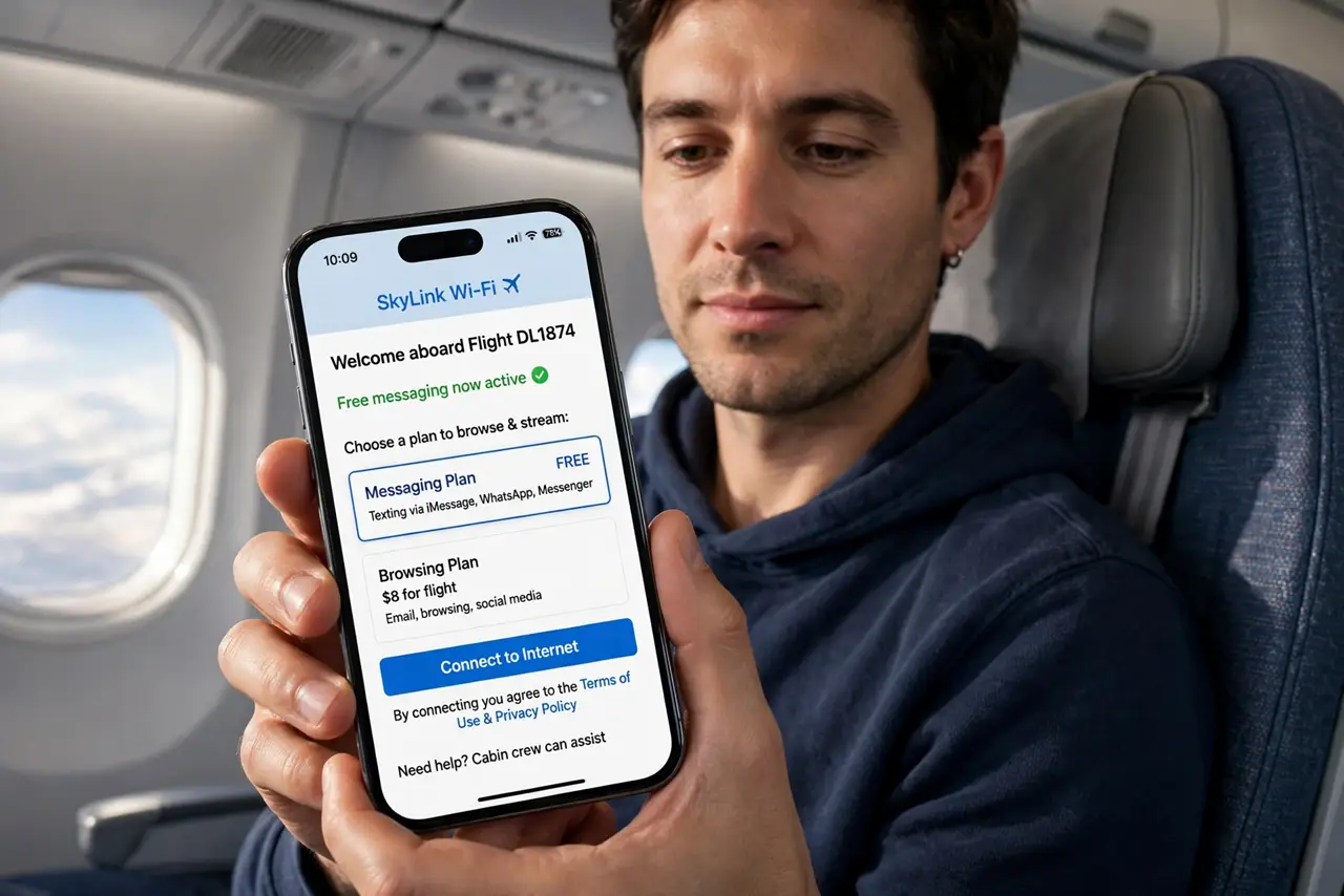 a calm adult in an airplane seat holding a real phone showing an airline Wi-Fi portal page with legible text, cabin interior visible. No black screen, no blank white screen, no fake or garbled screen text.