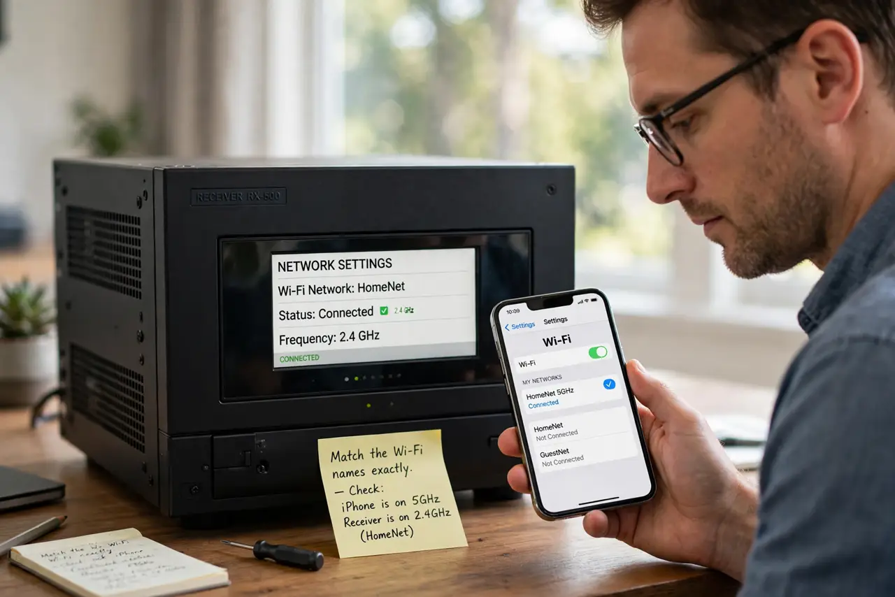 A person performing step 1 of the guide: Match the Wi-Fi names exactly. Check Wi-Fi on the iPhone and the network setting on the receiver. A phone on the 5 GHz variant and a receiver on the base name can look the same whi...