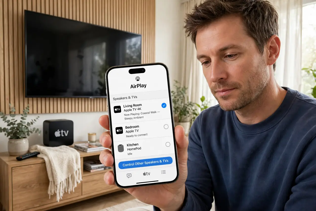 a calm adult holding a real iPhone showing the AirPlay device list with legible text, an Apple TV box visible under a TV in the background. No black screen, no blank white screen, no fake or garbled screen text.