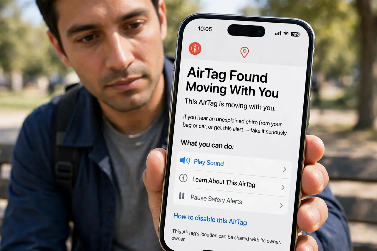A person performing the first step of the guide: Know the signs. An AirTag separated from its owner chirps periodically and triggers phone alerts. If you hear.