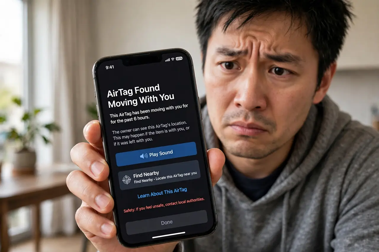 A person holding a real iPhone showing an unknown AirTag alert with legible text, the person's face alert and serious, indoors. No black screen, no.