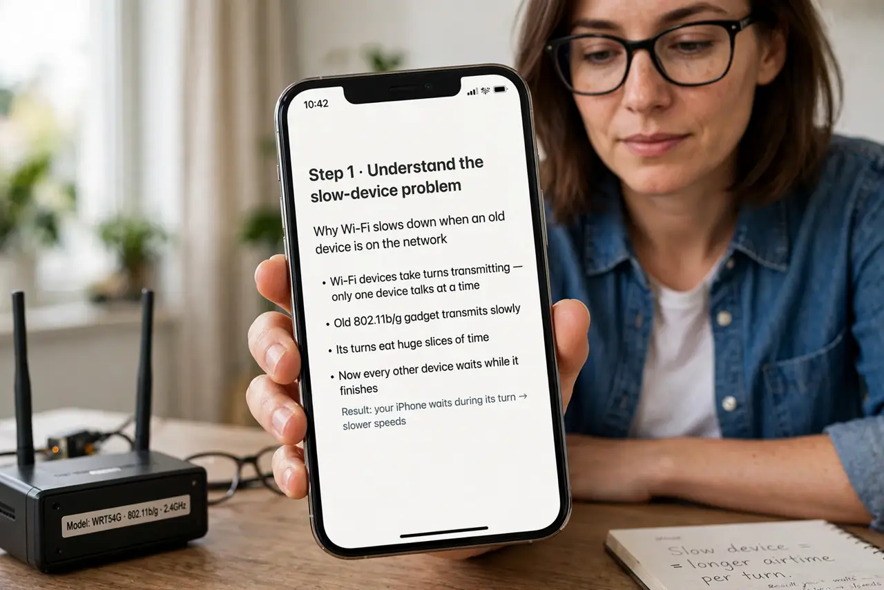 A person performing the guide's first step: Understand the slow-device problem. Wi-Fi devices take turns transmitting. An old 802.11b/g gadget transmits slowly, so its turns eat huge…