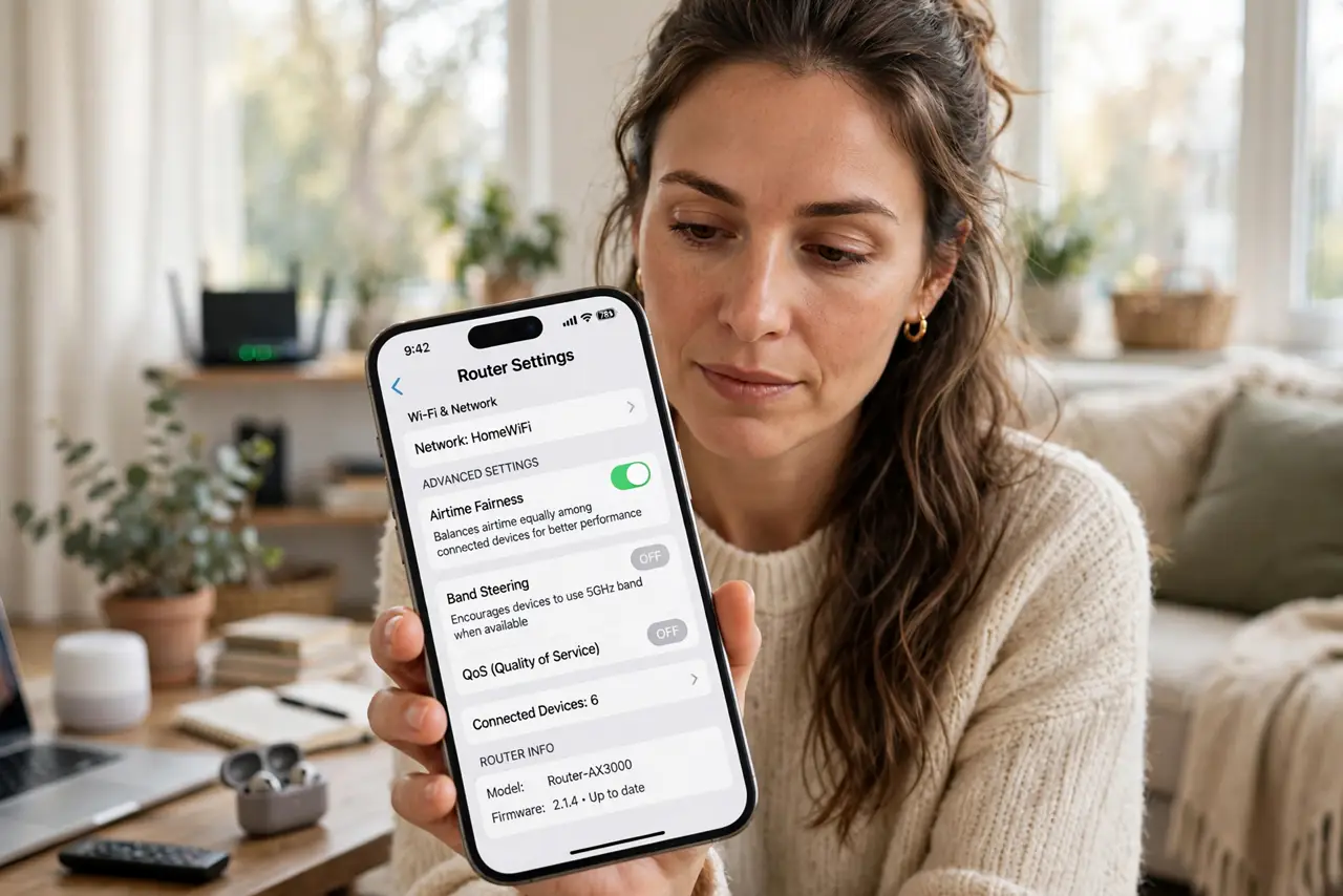 A person at home holding a real phone showing a legible router settings page with an airtime fairness toggle, various devices around the living room, the person's face understanding, daylight..